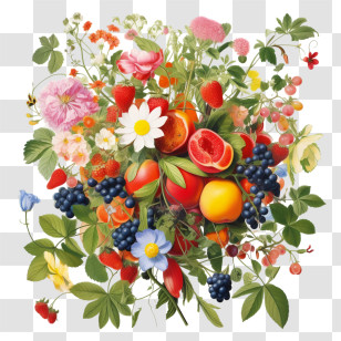 Fruit Flowers - Vibrant Fruit And Flower Bouquet Illustration Transparent PNG