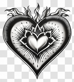 Heart Tattoo - Black Heart With Flames Tattoo Design Transparent PNG