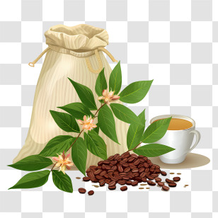 Coffee Beans - Illustration Of Coffee Bag With Beans And Cup Transparent PNG