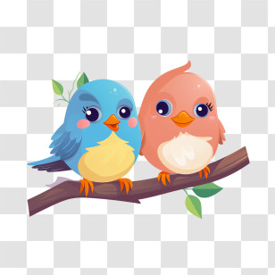 Love Birds - Adorable Cartoon Birds Sitting On A Tree Branch Transparent PNG