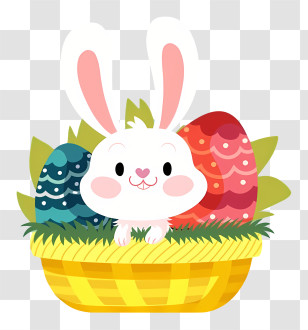 Bunny Face - Cute White Bunny With Easter Eggs In Basket Transparent PNG