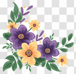 Flowers Corner - Illustrated Flower Bouquet With Purple And Yellow Blooms Transparent PNG