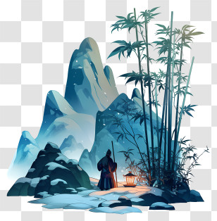 Snowy Bamboo Grove - Solitary Samurai Bamboo Scene Transparent PNG