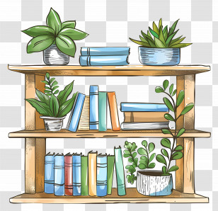 Shelf Furniture - Stylish Bookshelf With Books And Plants Transparent PNG