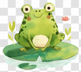 Cute Green Frog - Adorable Cartoon Frog Relaxing On A Lily Pad Transparent PNG