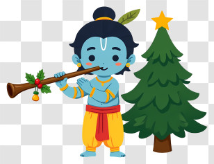 Krishna Celebrating Christmas - Blue Flute Boy With Tree Transparent PNG