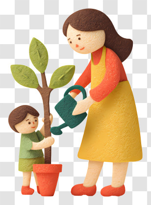 Mother With Child Planting Tree - Gardening Together Transparent PNG