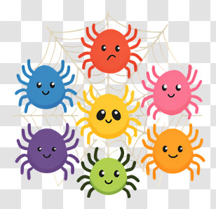 Kawaii Spider Web - Colorful Cartoon Spiders On A Web Transparent PNG