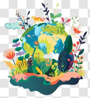 Earth Day - Earth Surrounded By Vibrant Plants And Flowers Transparent PNG
