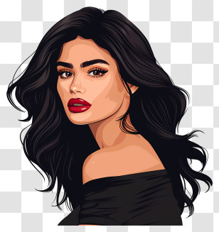Kylie Jenner - Elegant Woman With Black Hair Cartoon Portrait Transparent PNG