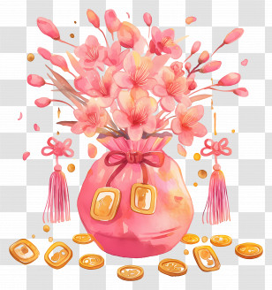 Money Bag - Pink Prosperity Bag With Flowers And Gold Coins Transparent PNG