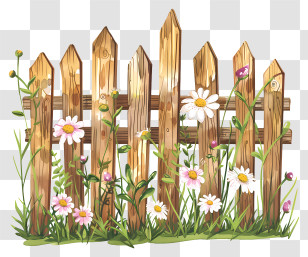 Garden Fence - Wooden Fence With Blooming Flowers Transparent PNG