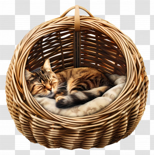 Cat Bed - Sleeping Cat In A Round Wicker Basket Transparent PNG