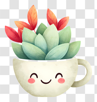 Watercolor Succulent In Mug - Smiling Plant Cup Cartoon Illustration Transparent PNG