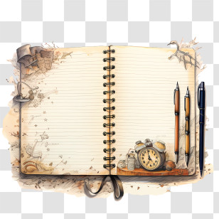 Dear Diary Day - Vintage Notebook With Pens And Clock Transparent PNG