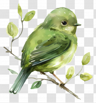 Green Bird - Watercolor Illustration Of A Green Bird On A Branch Transparent PNG