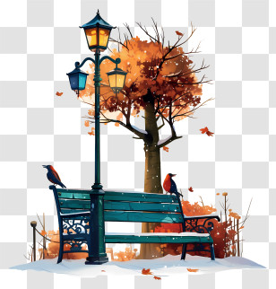 Snowy Bench Park - Autumn Bench Under Lamp Transparent PNG