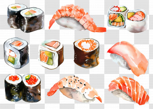 Watercolor Sushi - Artistic Watercolor Assortment Of Sushi Pieces Transparent PNG