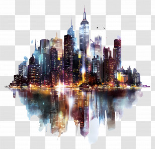 City Of Lights - Vibrant City Skyline With Reflected Lights Transparent PNG