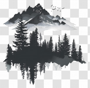 Mountain Silhouette - Black And White Mountain And Pine Forest Transparent PNG