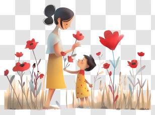 Mothers Day - Mother And Child In Flower Field Transparent PNG