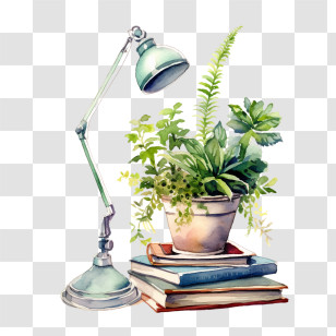 Reading Lamp - Table Lamp With Potted Plants And Books Transparent PNG