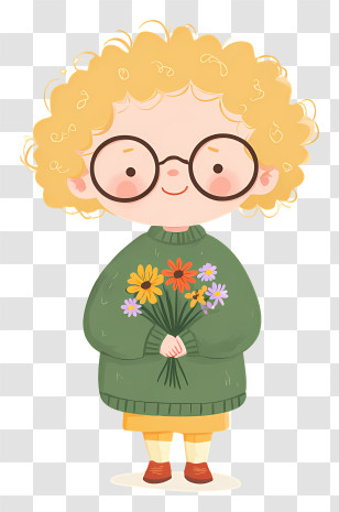 Cute Girl With Curly Hair - Adorable Child Holding Flowers Transparent PNG