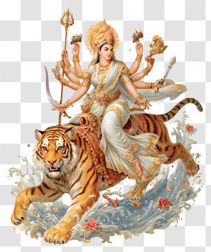 Durga Maa - Durga Riding Tiger Illustration Transparent PNG