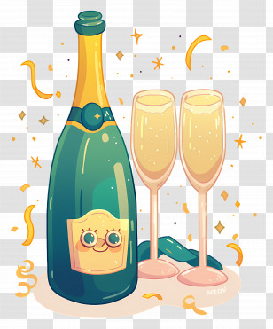 Champagne Bottle - Champagne Bottle And Glasses Cartoon Illustration Transparent PNG
