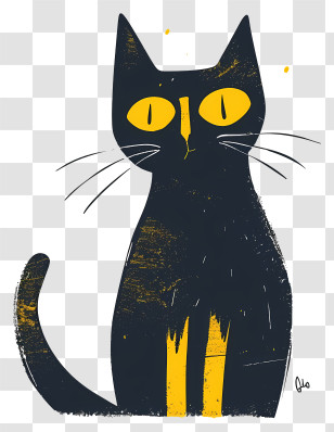 Minimalist Cat - Stylized Black Cat Illustration With Yellow Eyes Transparent PNG