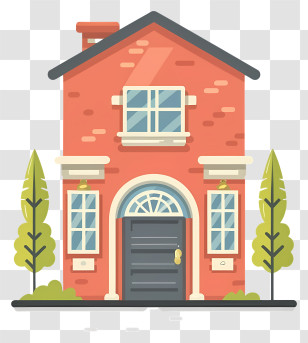 Red Brick House - Cartoon Brick House Illustration With Trees Transparent PNG