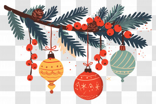 Christmas Balls On A Branch - Festive Christmas Ornaments Transparent PNG
