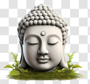 Buddha Head - Serene Buddha Head Statue With Greenery Accents Transparent PNG