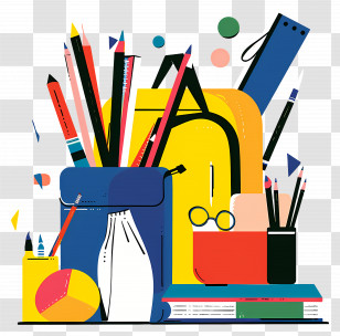 School Clipart - Colorful School Supplies And Backpack Transparent PNG