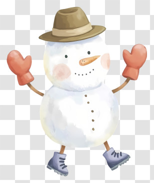 Cute Watercolor Snowman - Cheerful Snowman With Hat And Gloves Transparent PNG