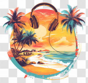 Beach Tunes - Headphones On Tropical Beach Illustration Transparent PNG