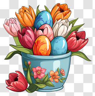 Easter Eggs - Decorative Basket With Easter Eggs And Flowers Transparent PNG