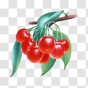 Fruit - Red Cherries On Branch With Green Leaves Transparent PNG