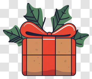 Gift - Christmas Gift Box With Red Ribbon And Holly Leaves Transparent PNG