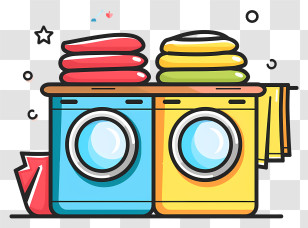 Laundry Day - Colorful Washing Machines With Folded Laundry Transparent PNG