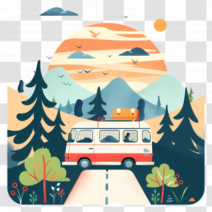 Road Trip Day - Illustrated Camper Van In Nature Scene Transparent PNG