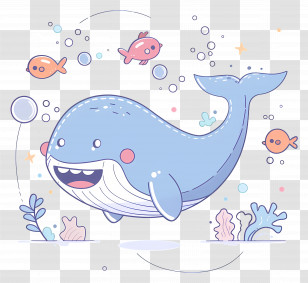 Cute Whale - Cartoon Whale And Fish In Underwater Scene Transparent PNG