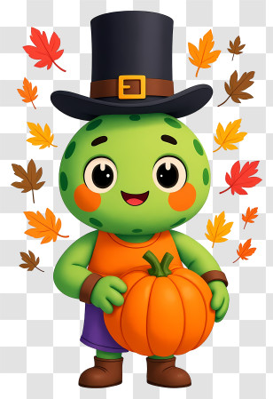 Plant Mascot Celebrating Thanksgiving - Cute Green Mascot With Pumpkin Transparent PNG