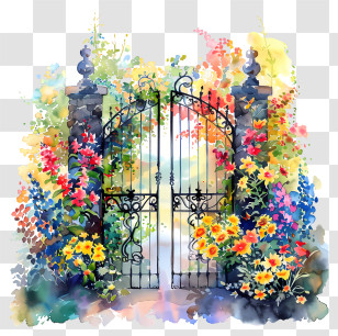 Spring Garden Gate Flowers - Colorful Garden Gate With Blooming Flowers Transparent PNG