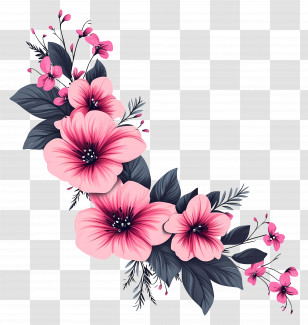 Pink Corner - Pink Flowers With Dark Leaves Illustration Transparent PNG