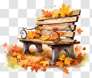 Wooden Bench - Autumn Bench With Leaves Transparent PNG
