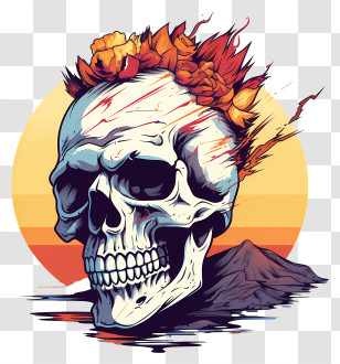 Retro Skull In Panama Vector - Flaming Skull With Volcano Background Transparent PNG