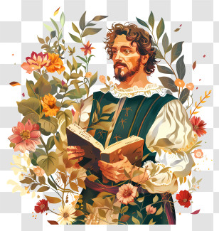 Shakespeare Day - Man With Book And Flowers Transparent PNG