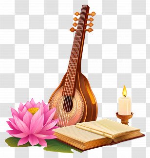 Saraswathi Puja - Mandolin, Open Book, Candle, And Lotus Still Life Transparent PNG