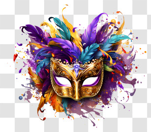 Mardi Gras Mask - Carnival Mask With Vibrant Feathers And Gold Details Transparent PNG
